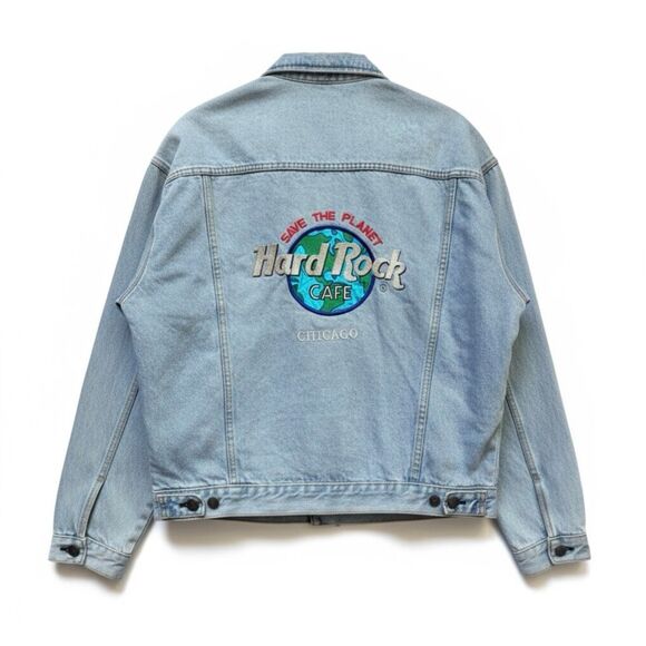 Vtg 1990's Hard Rock Cafe CHICAGO Save the Planet Denim Jacket size XL XLarge - Picture 1 of 15